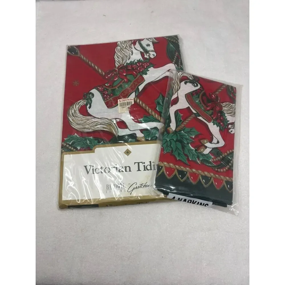 Vtg Bardwil Christmas Tablecloth Napkins Oblong‎ 52X70 Horse Victorian Tidings